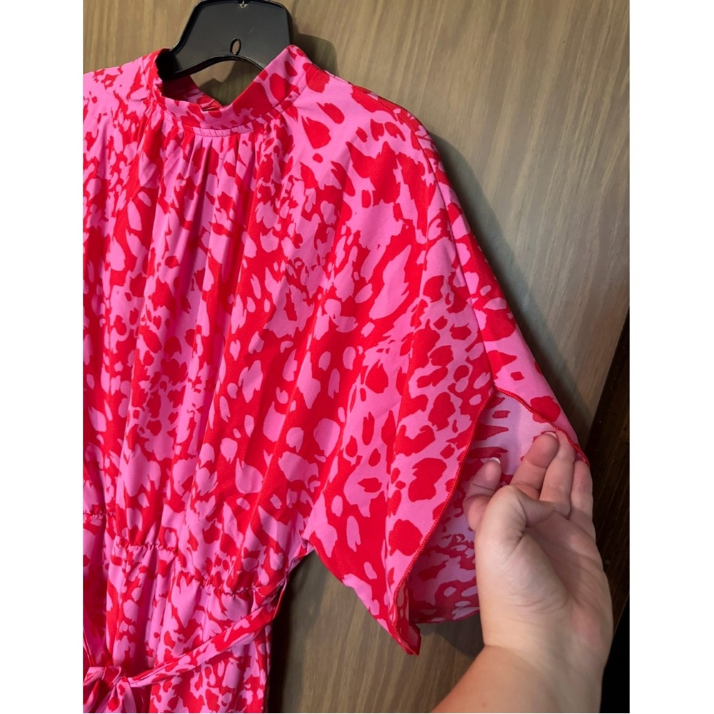 Hot Pink Batwing Sleeve Belted Wide Leg Jumpsuit - Picture 6 of 9